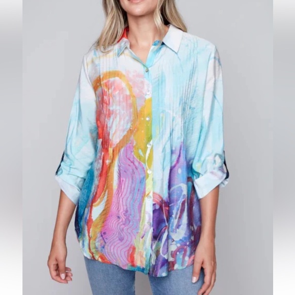 NWOT Claire Desjardins Button Up Blouse Abstract Wearable Art Colorful Rainbow - Picture 1 of 6